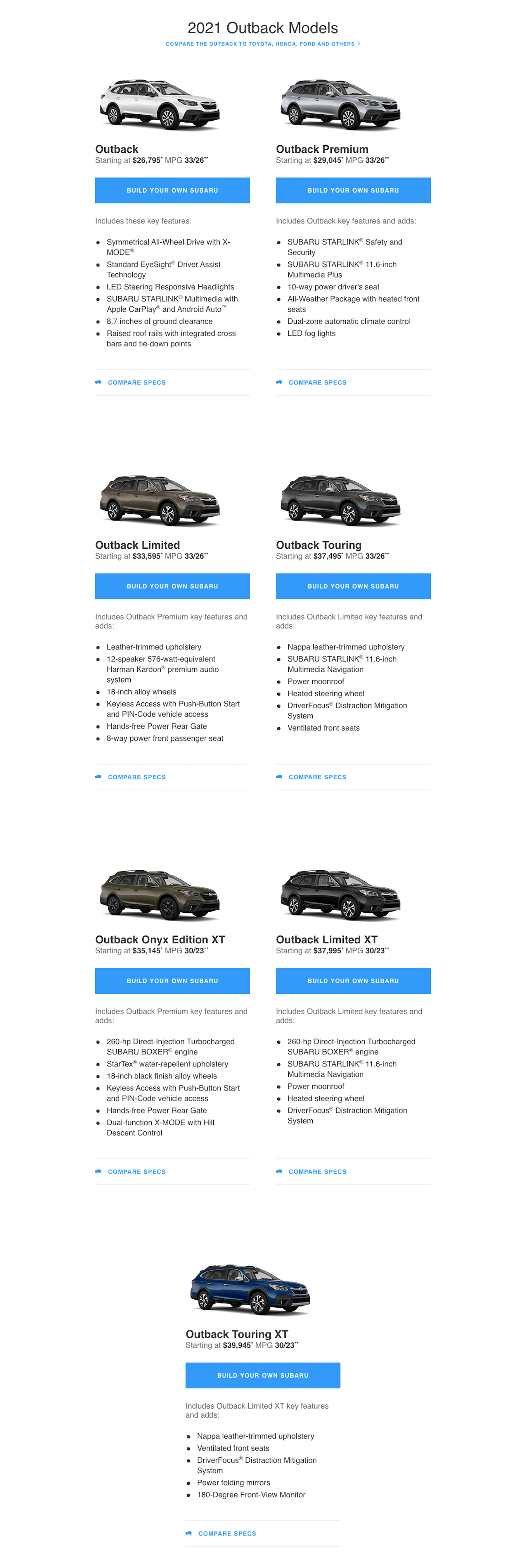 Subaru Outback Comparison Chart